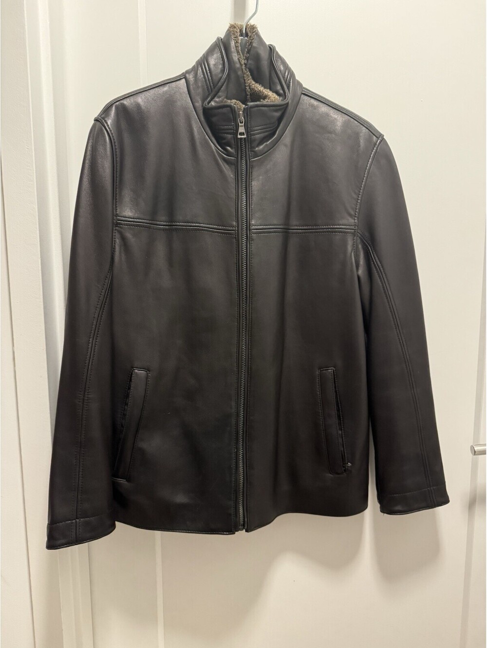 Marc New York Black Leather Jacket Zip Stand Collar Removable Lining Mid-Length